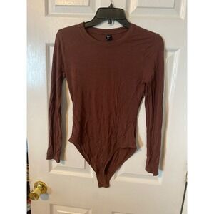 Shein‎ BAE Brown Long Sleeve Bodysuit Crew Neck Stretch Jersey Top Small
